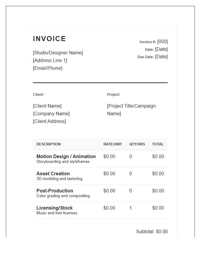 Motion Graphics Production Invoice Template