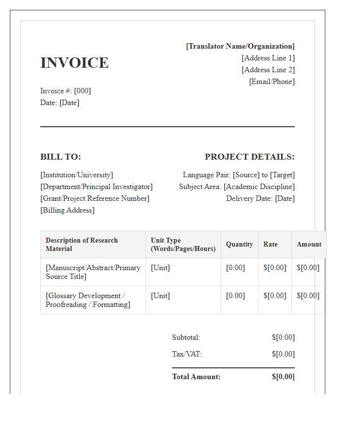 Academic Research Translation Invoice Template