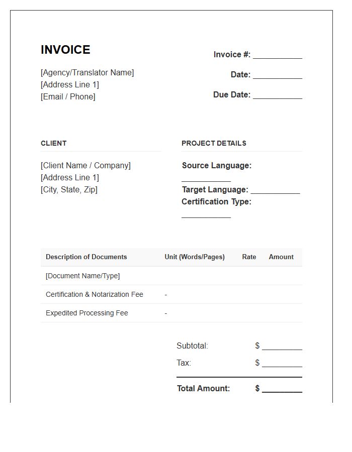 Certified Document Translation Invoice Template