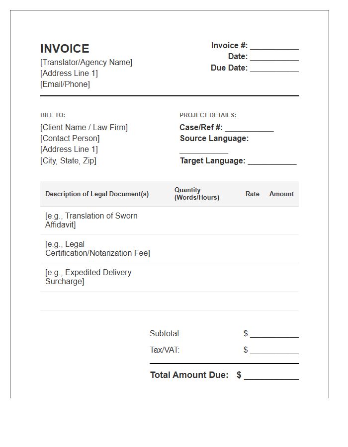 Legal Document Translation Invoice Template