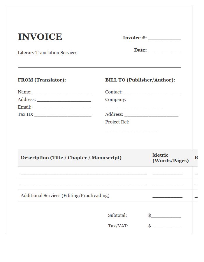 Literary Translation Project Invoice Template
