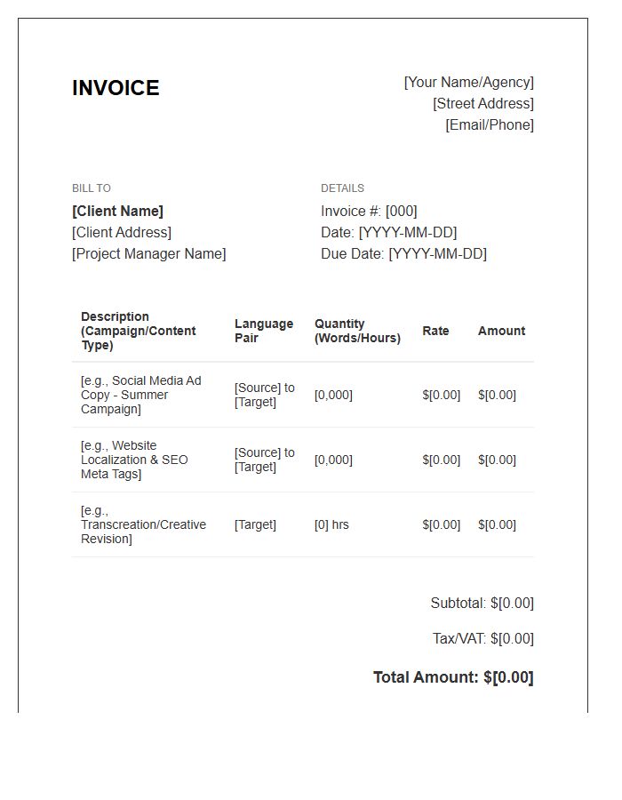 Marketing Content Translation Invoice Template