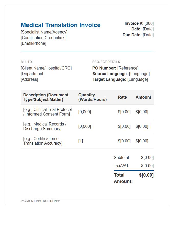 Medical Translation Specialist Invoice Template