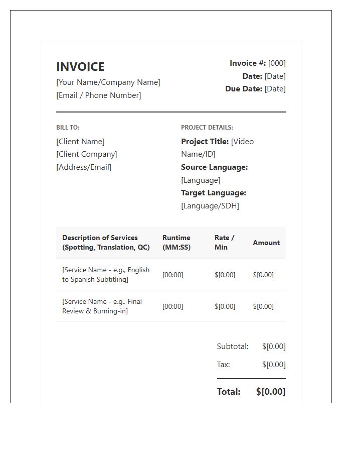 Professional Subtitling Services Invoice Template