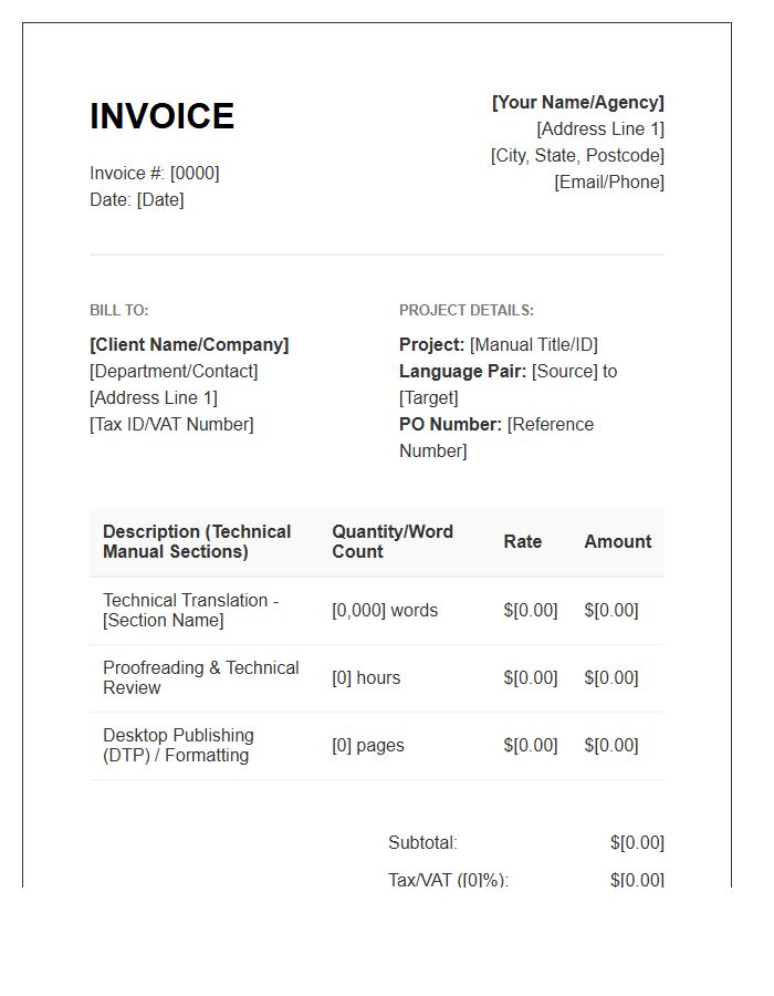 Technical Manual Translation Invoice Template