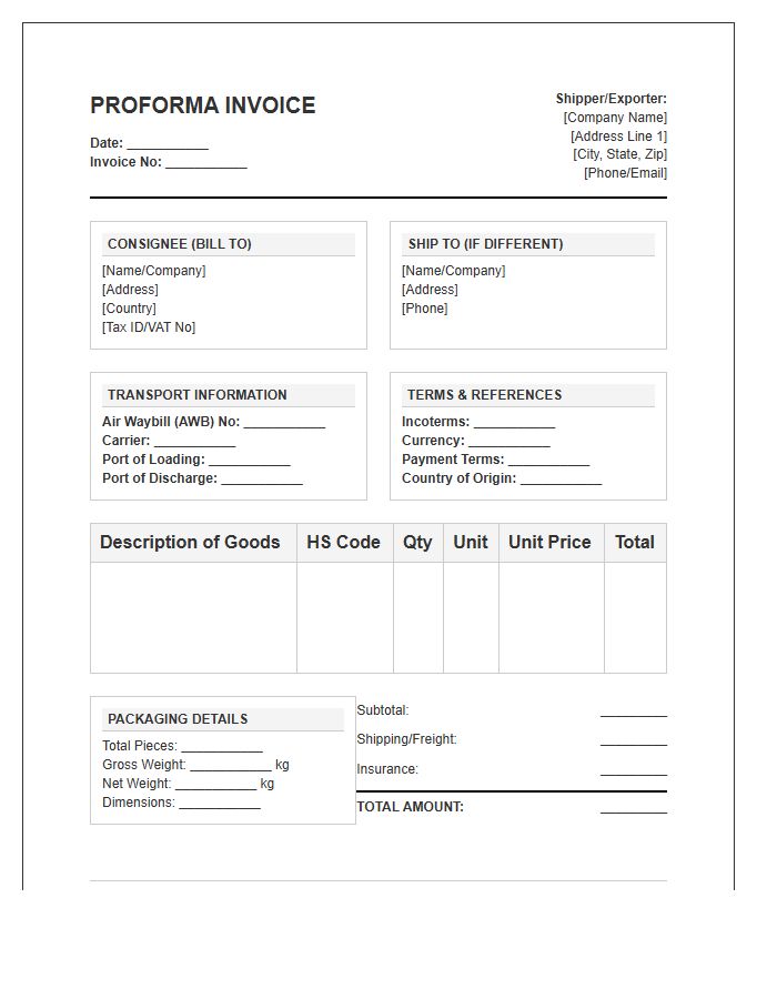 Air Cargo Proforma Invoice Template