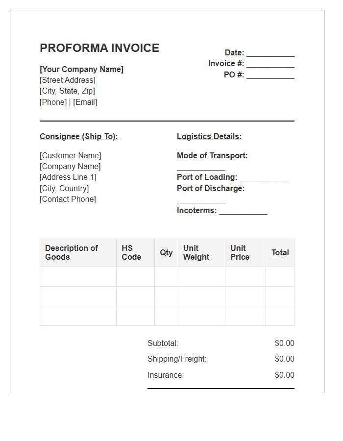 Business Logistics Proforma Invoice Template