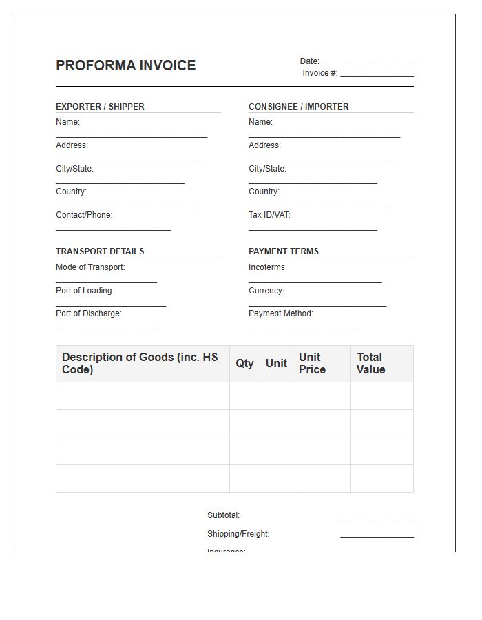 Commercial Goods Proforma Invoice Template