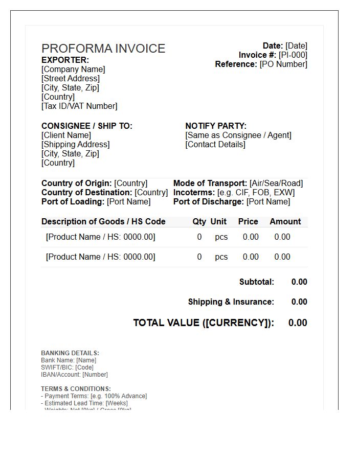 Complete Export Proforma Invoice Template