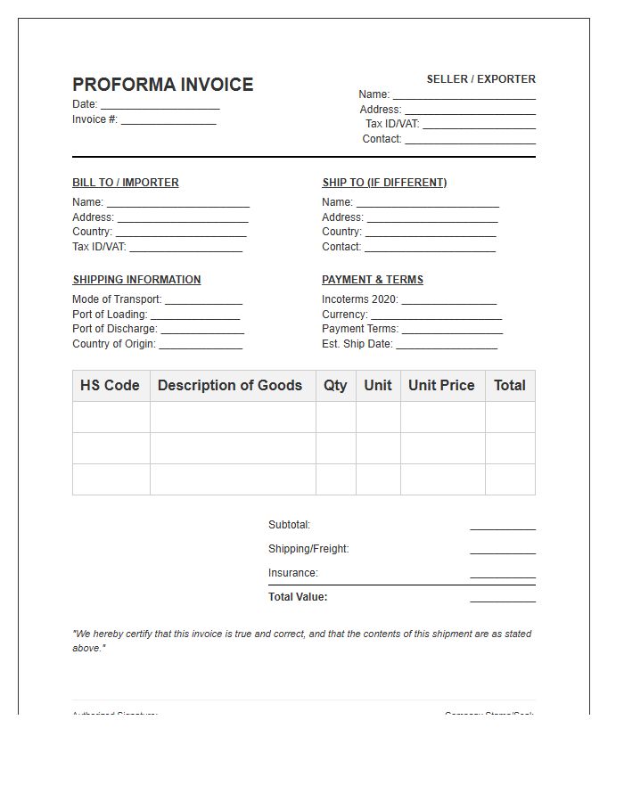 Cross Border Proforma Invoice Template
