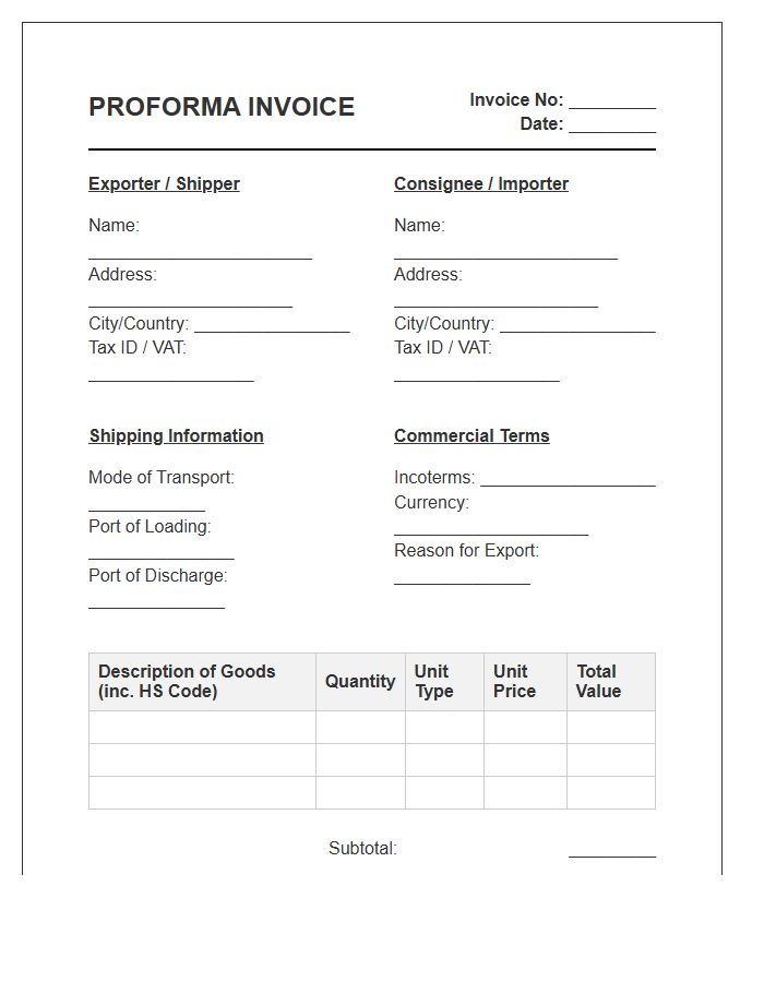 Customs Clearance Proforma Invoice Template