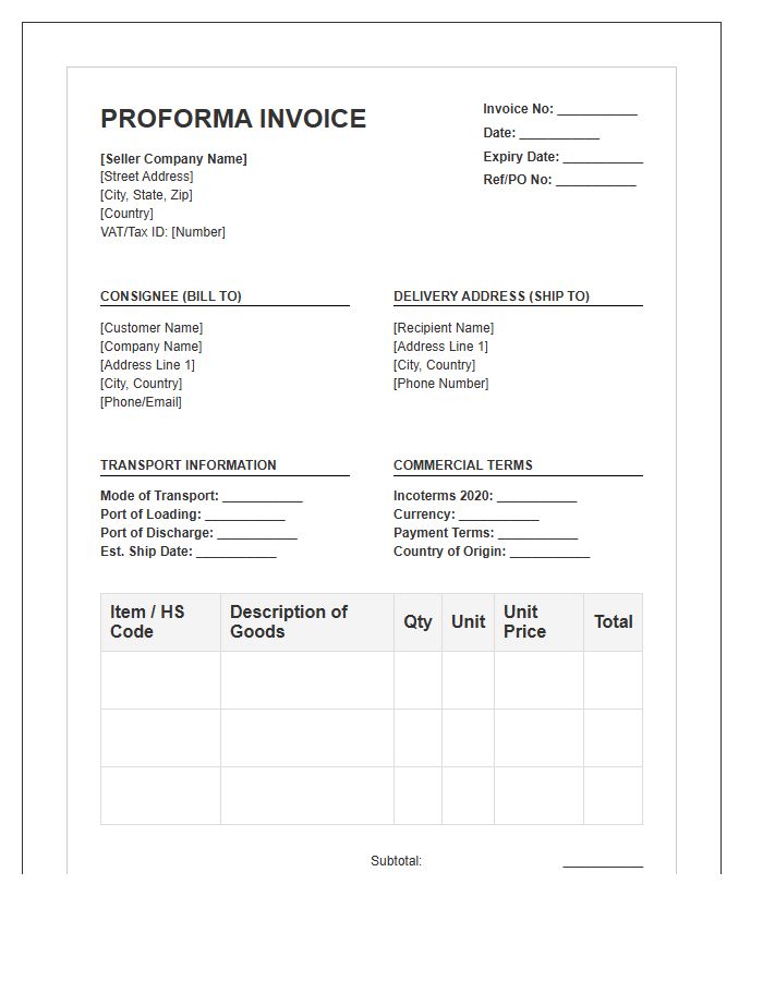 Detailed Goods Proforma Invoice Template