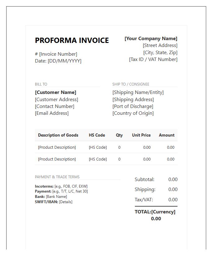 Essential Trade Proforma Invoice Template