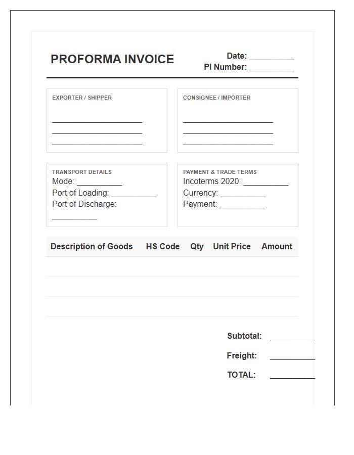 Export Trade Proforma Invoice Template