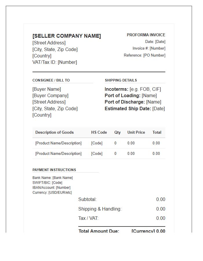 Formal Trade Proforma Invoice Template