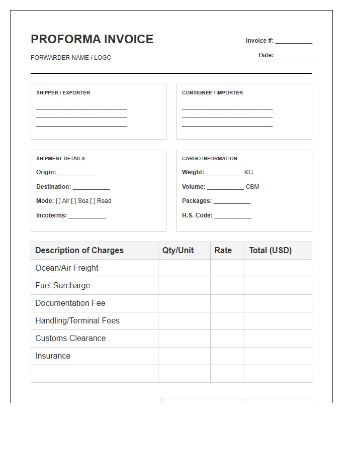 Freight Forwarding Proforma Invoice Template