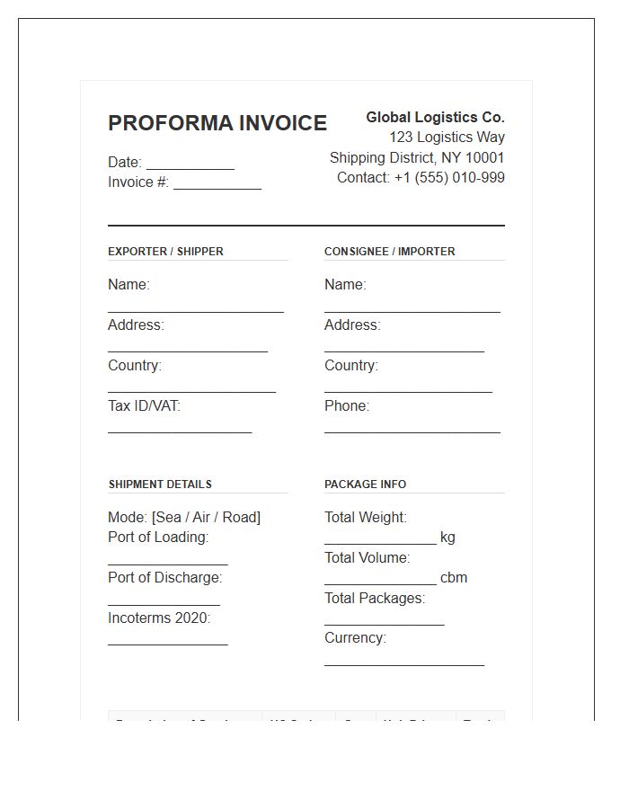 Global Logistics Proforma Invoice Template
