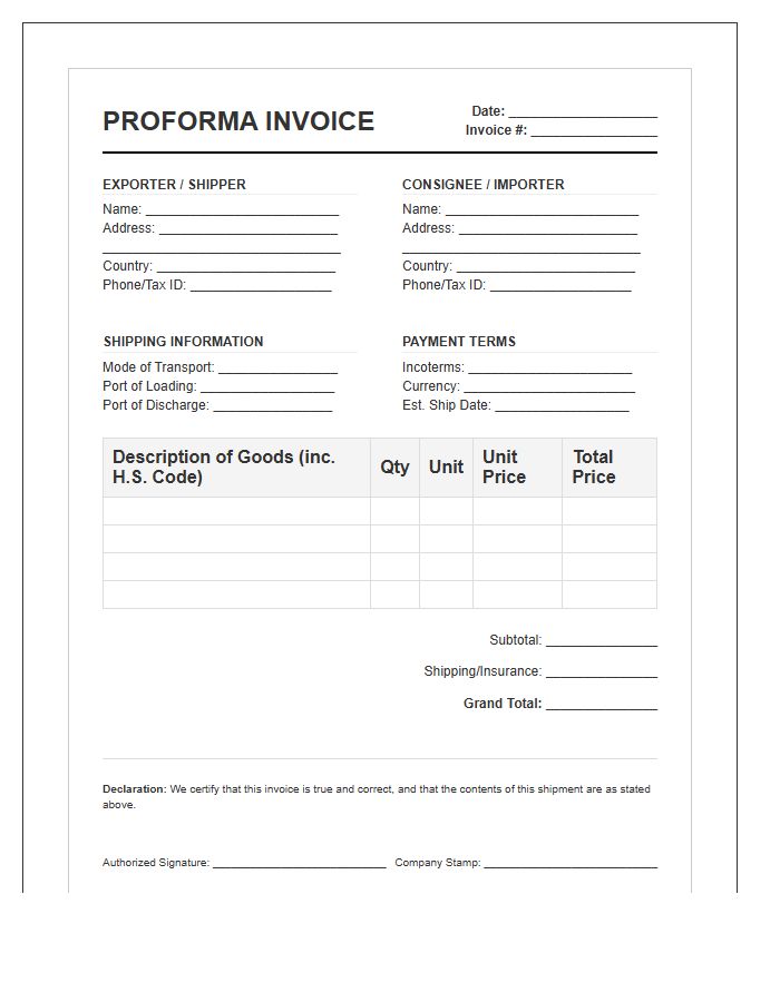International Shipping Proforma Invoice Template