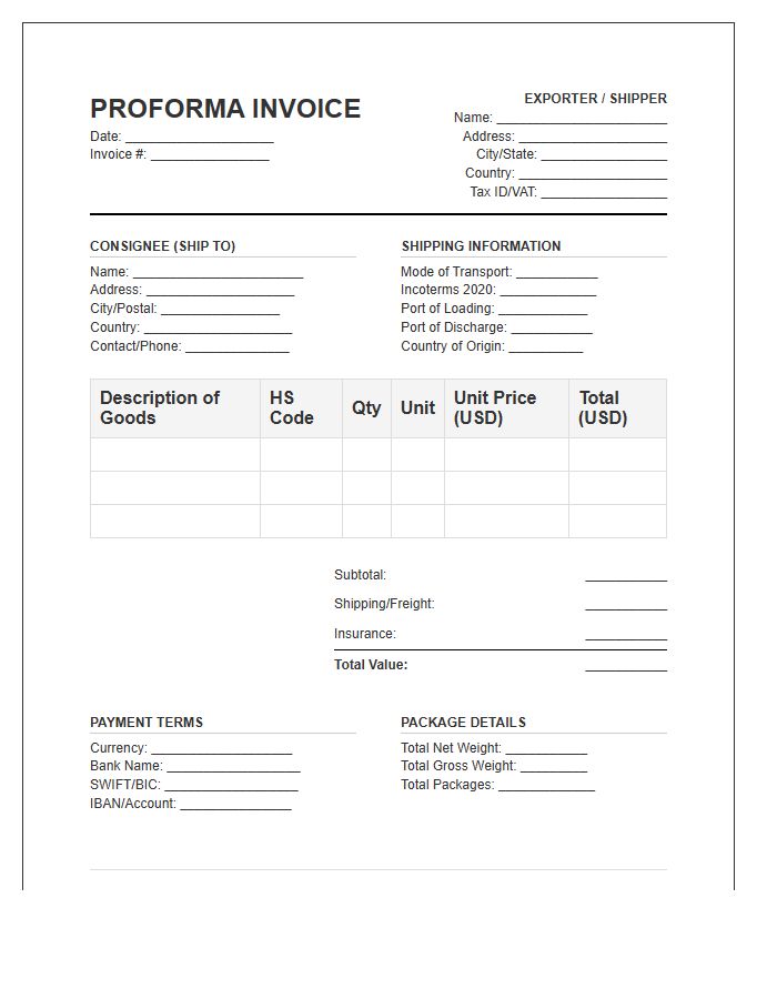 Multinational Shipping Proforma Invoice Template