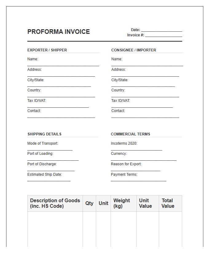 Official Customs Proforma Invoice Template