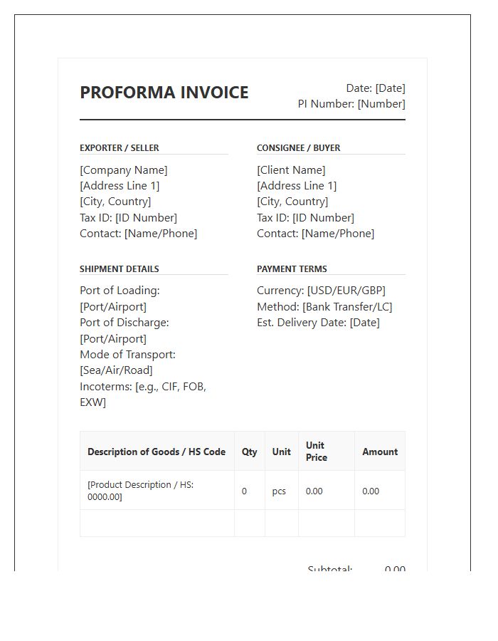 Professional Export Proforma Invoice Template