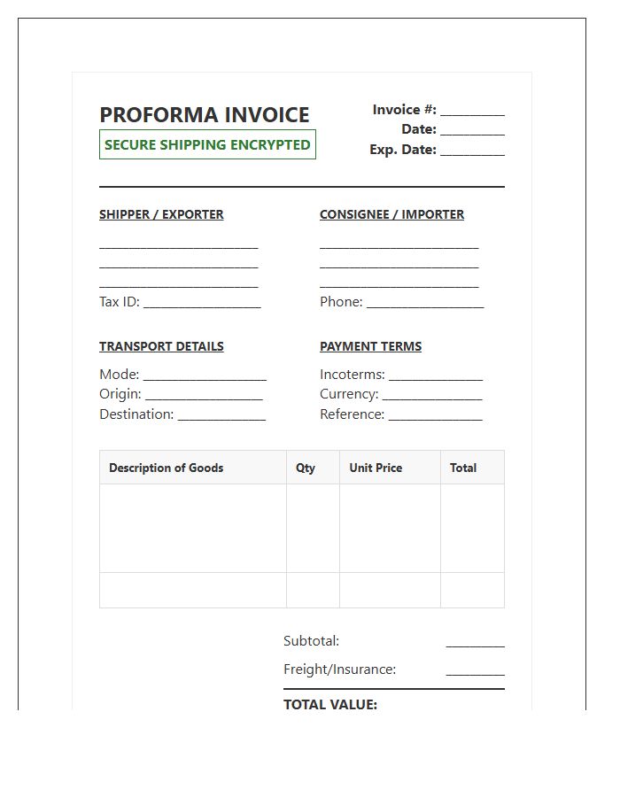 Secure Shipping Proforma Invoice Template