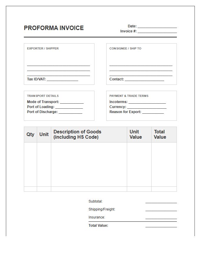Standard Customs Proforma Invoice Template