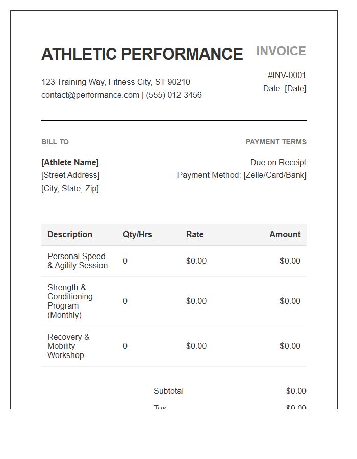Athletic Performance Training Invoice Template