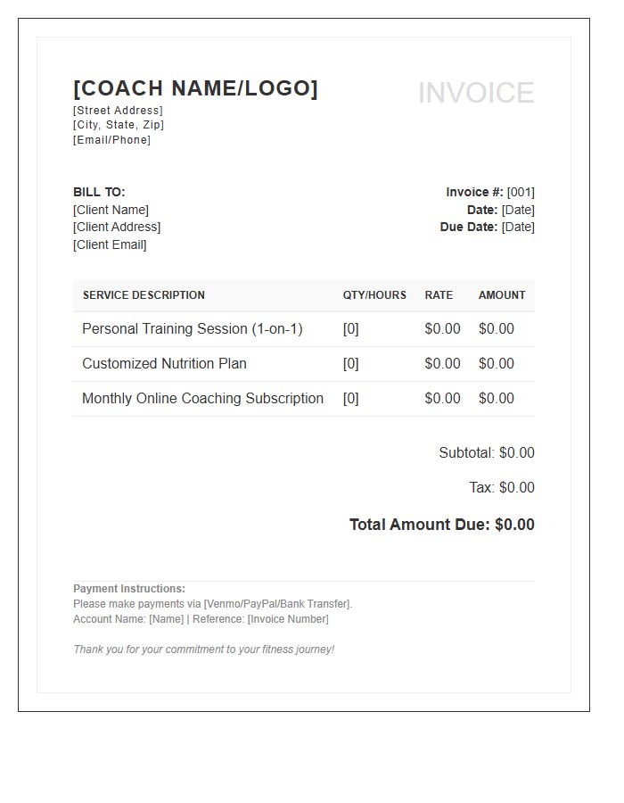 Fitness Coach Service Invoice Template