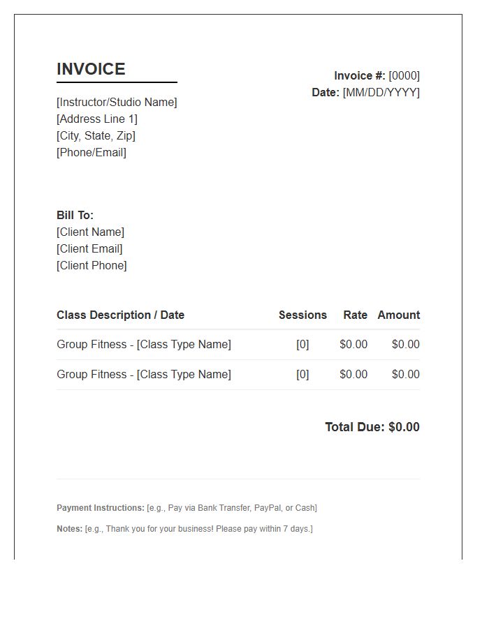 Group Fitness Class Invoice Template