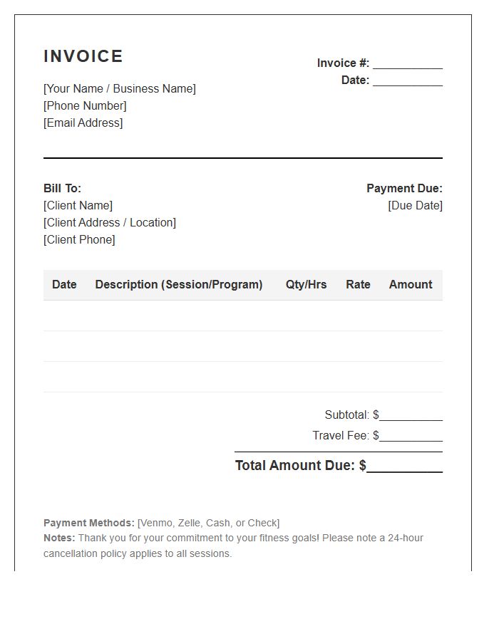 Mobile Personal Trainer Invoice Template