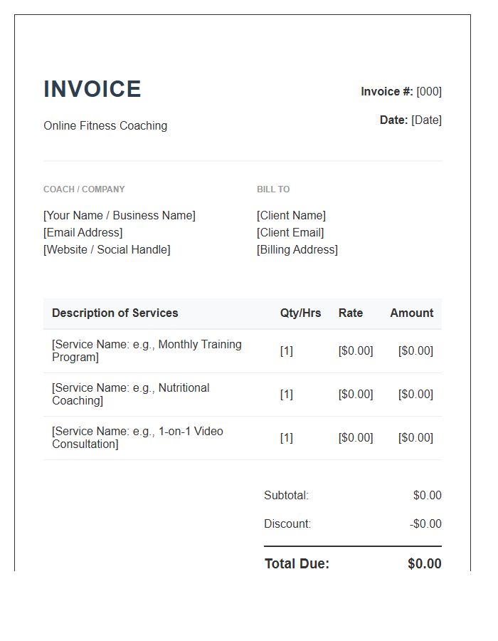 Online Fitness Coaching Invoice Template