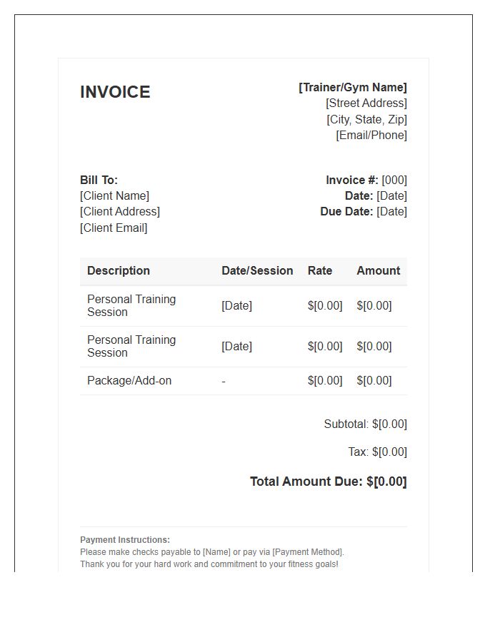 Personal Training Session Invoice Template