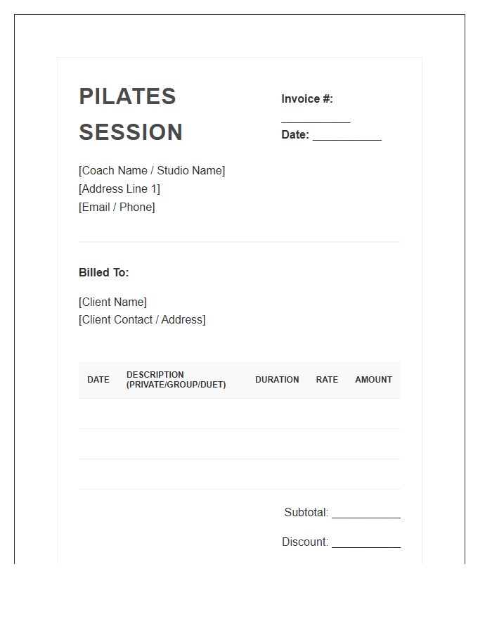 Pilates Coach Session Invoice Template