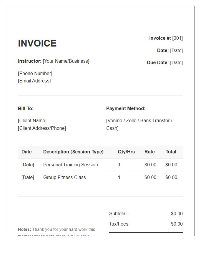 Private Fitness Instructor Invoice Template