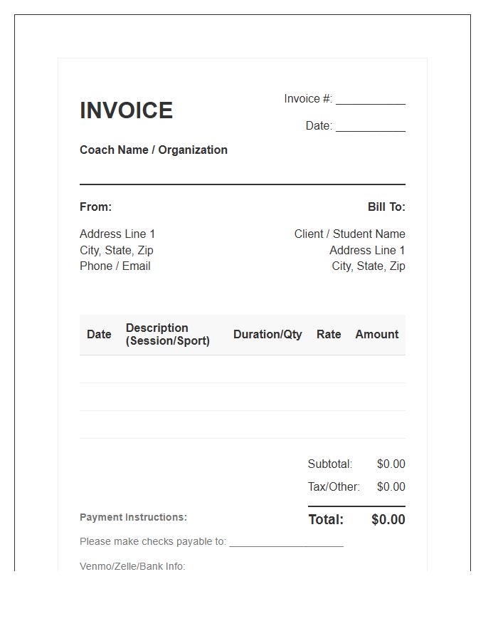 Sports Coach Fee Invoice Template