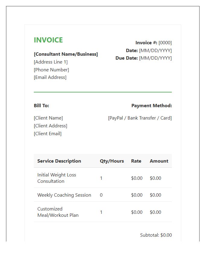 Weight Loss Consultant Invoice Template