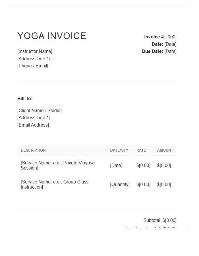 Yoga Instructor Professional Invoice Template
