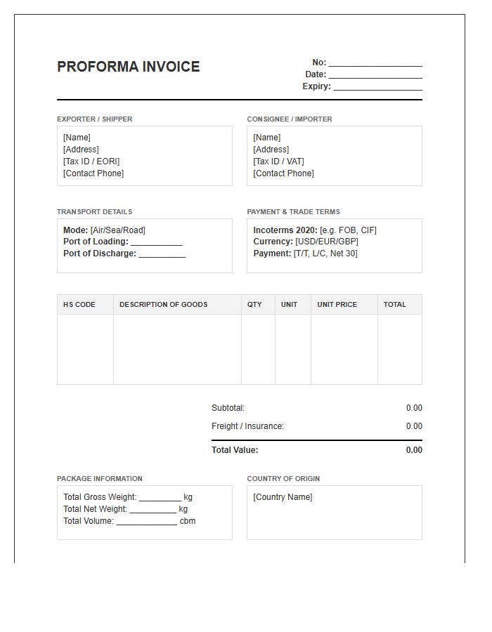 Accurate Proforma Invoice Template For Export Valuation