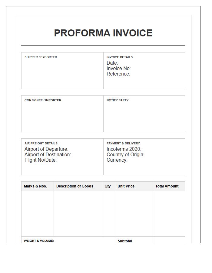 Air Freight Proforma Invoice Template For Export Goods