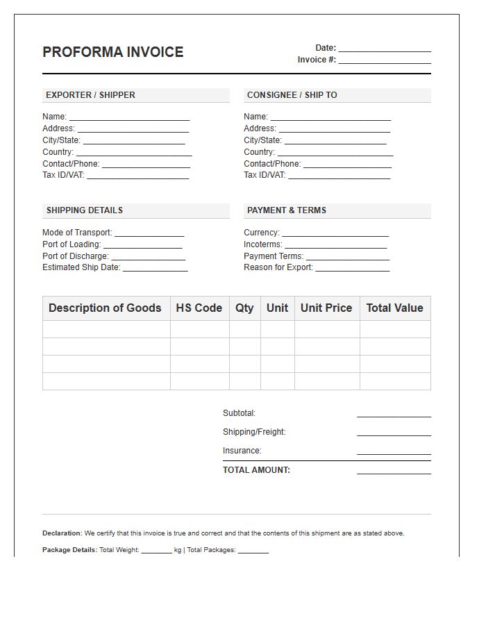Commercial Proforma Invoice Template For Global Shipping