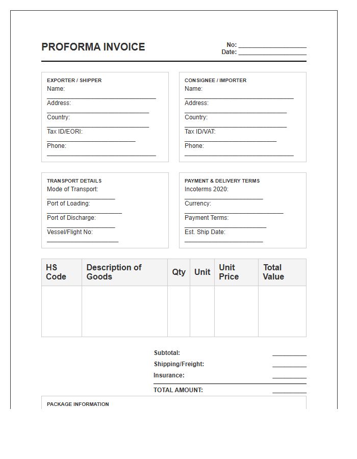 Compliant Proforma Invoice Template For Export Declaration