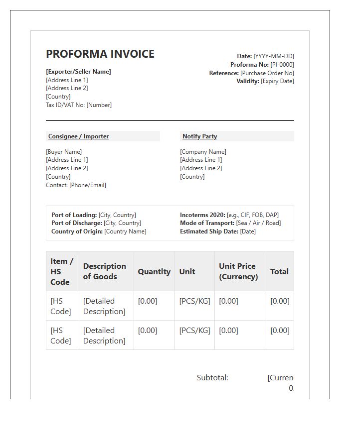 Comprehensive Export Proforma Invoice Template For Trade Finance