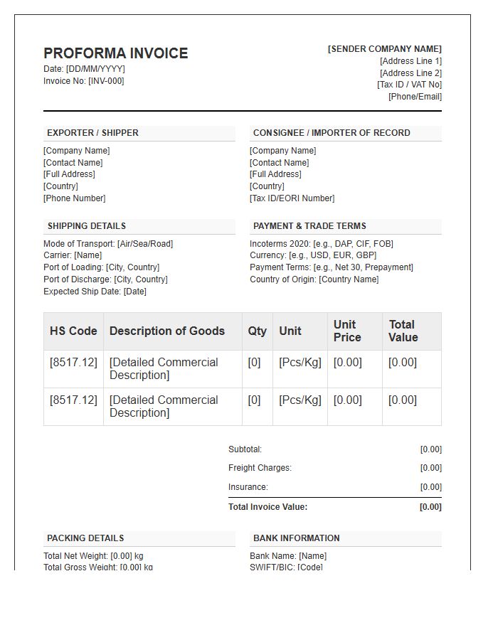Detailed Export Proforma Invoice Template For Customs Clearance