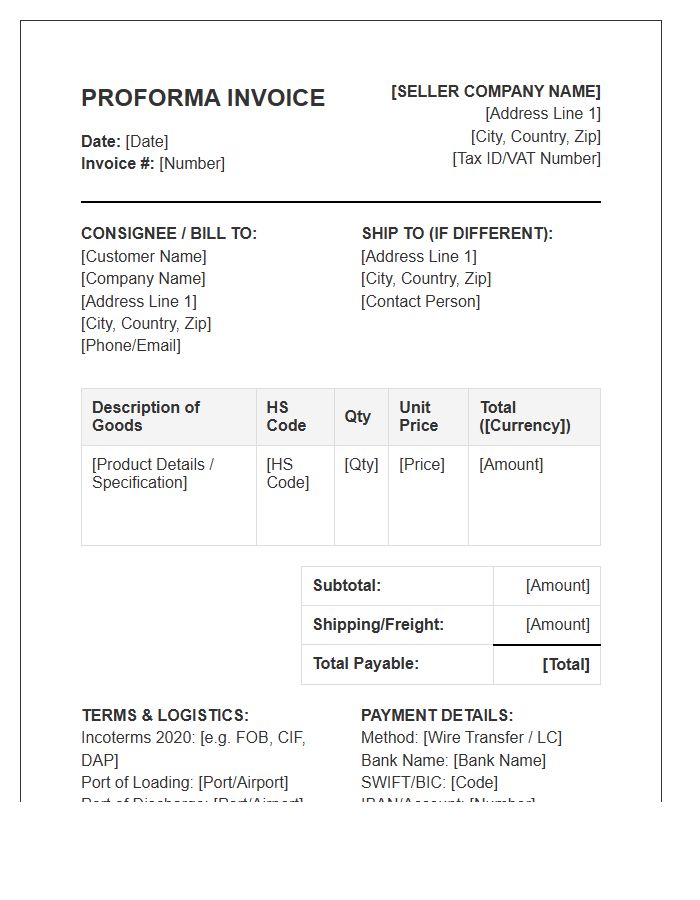 Essential Proforma Invoice Template For International Sales Contracts