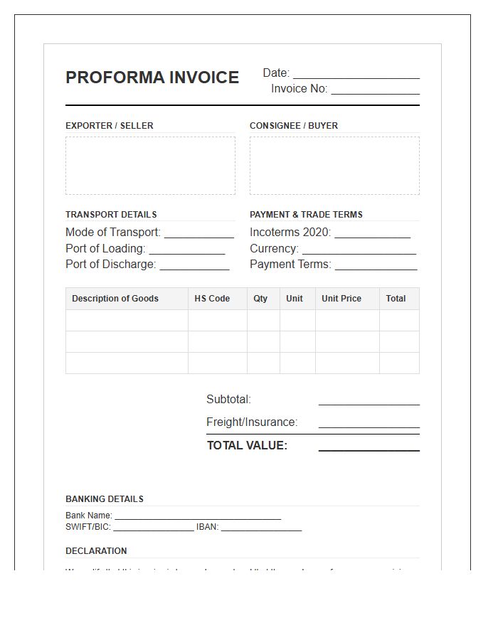 Export Documentation Proforma Invoice Template For International Trade