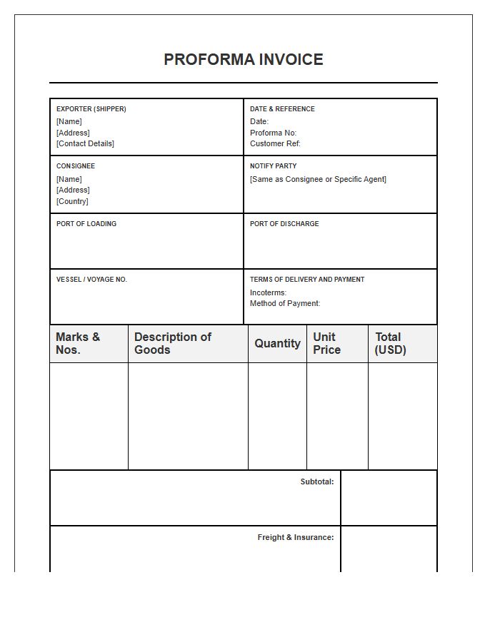 Maritime Export Documentation Proforma Invoice Template