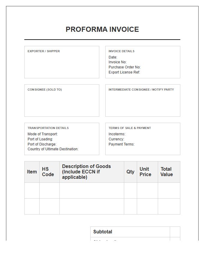 Official Proforma Invoice Template For Export Licensing