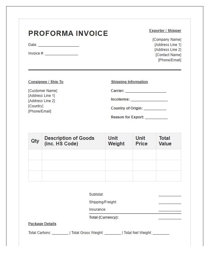 Primary Export Proforma Invoice Template For Shipping Carriers