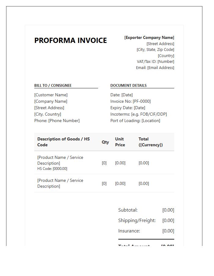 Professional Proforma Invoice Template For Overseas Transactions